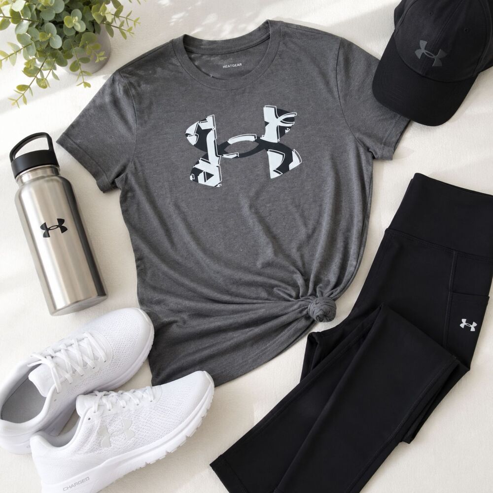 Under Armour HeatGear Womens Medium Gray Camo Logo Athletic Workout Tee
